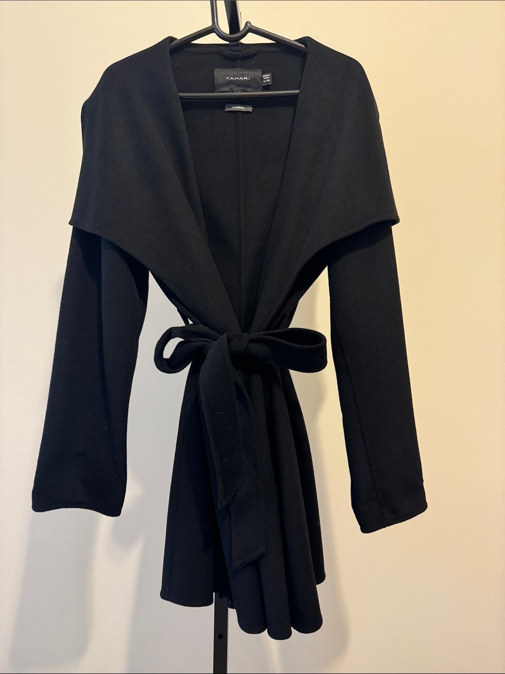Tahari Handmade Black Draped Belted Wool Blend Cardigan